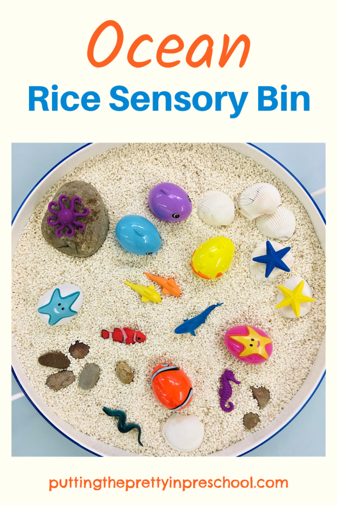 Set up this easy and fun rice-based ocean sensory bin. Aquatic Easter eggs are the highlight of the play invitation.