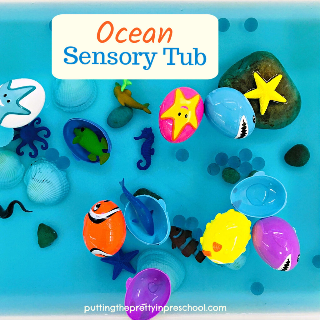 Set up this easy and fun water-based ocean sensory tub. Aquatic Easter eggs are the highlight of the play invitation.