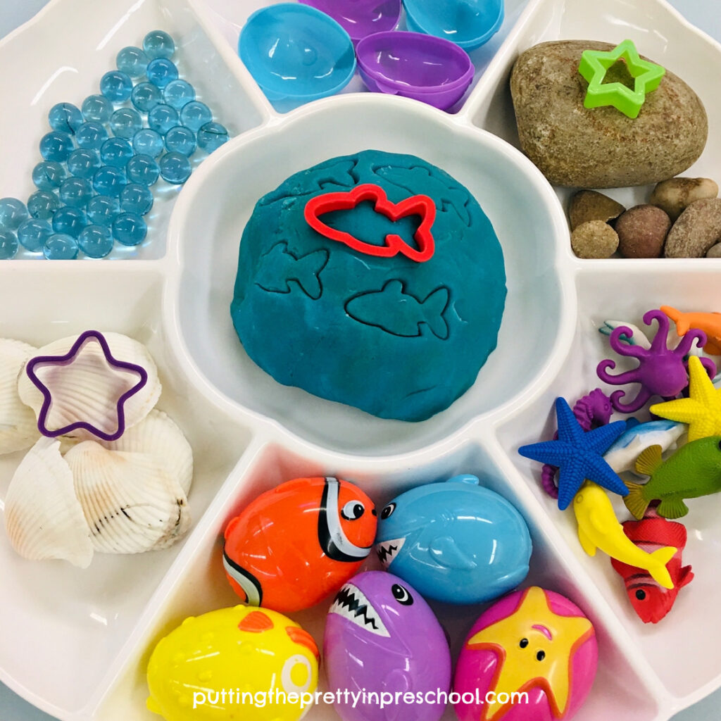 Your little learners will love this inviting ocean-themed playdough tray. Good playdough recipes are included in the post.