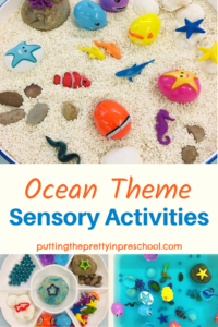 Three fun ocean-themed sensory activities to captivate your little learner. An aquatic rice bin, water tub, and playdough tray are featured.