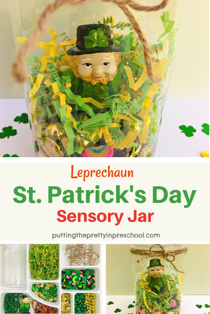 This leprechaun sensory jar is a great way to incorporate green and gold loose parts in a St. Patrick's Day activity.