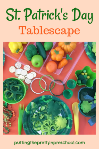 This St. Patrick's Day tablescape is filled with green, yellow, and orange oose parts, perfect for encouraging imaginative play.