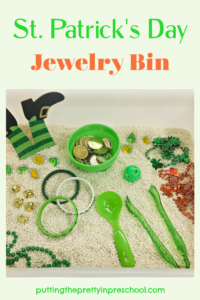 A fun St. Patrick's jewelry bin with bling! Loose parts include a set of leprechaun legs to elevate the sensory experience.