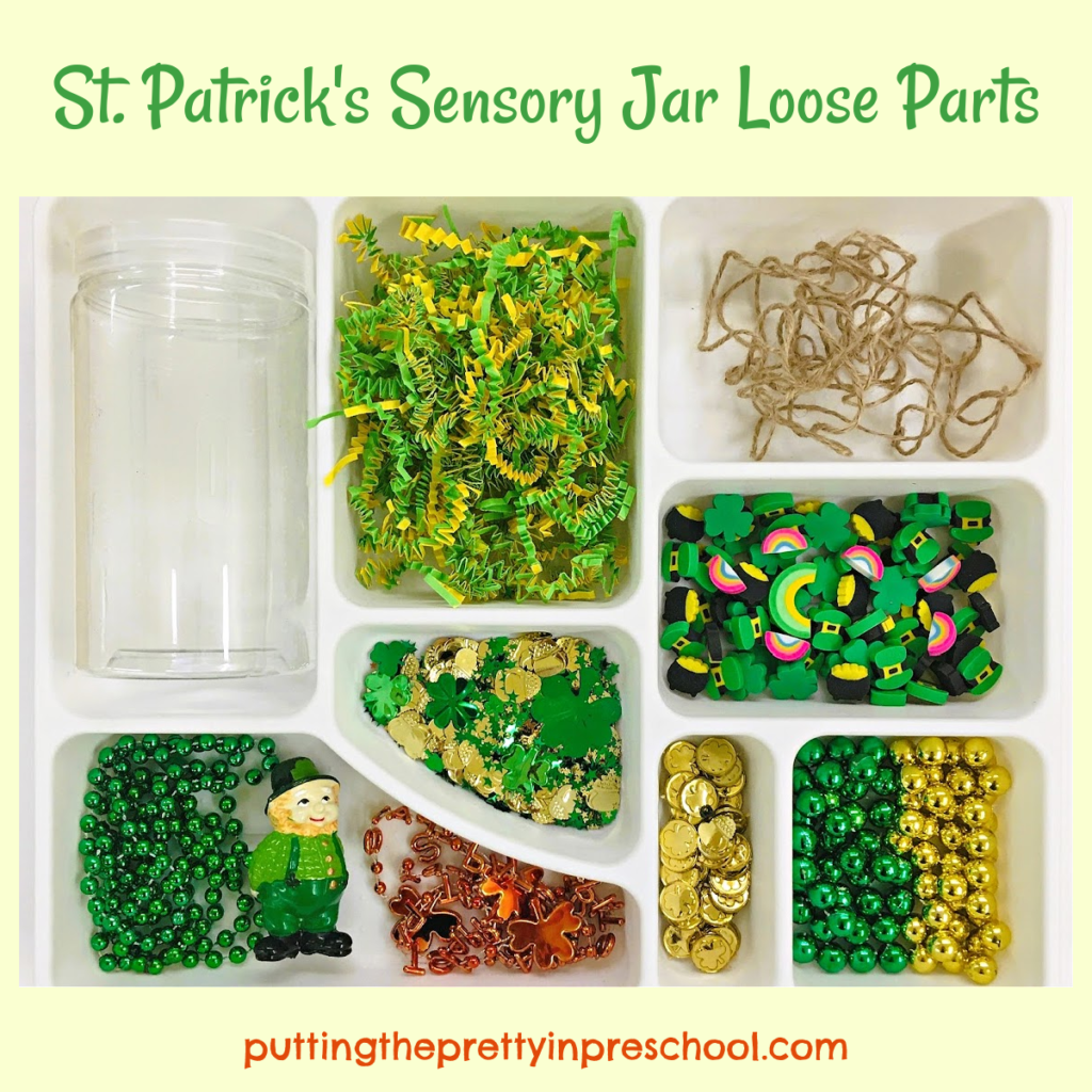 A tiny leprechaun is the highlight of this ready-to explore St. Patrick's Day loose parts tray.