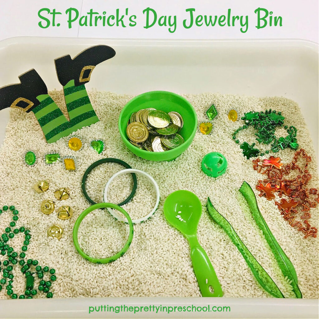 A fun St. Patrick's jewelry bin with bling! Loose parts include a set of leprechaun legs to elevate the sensory experience.