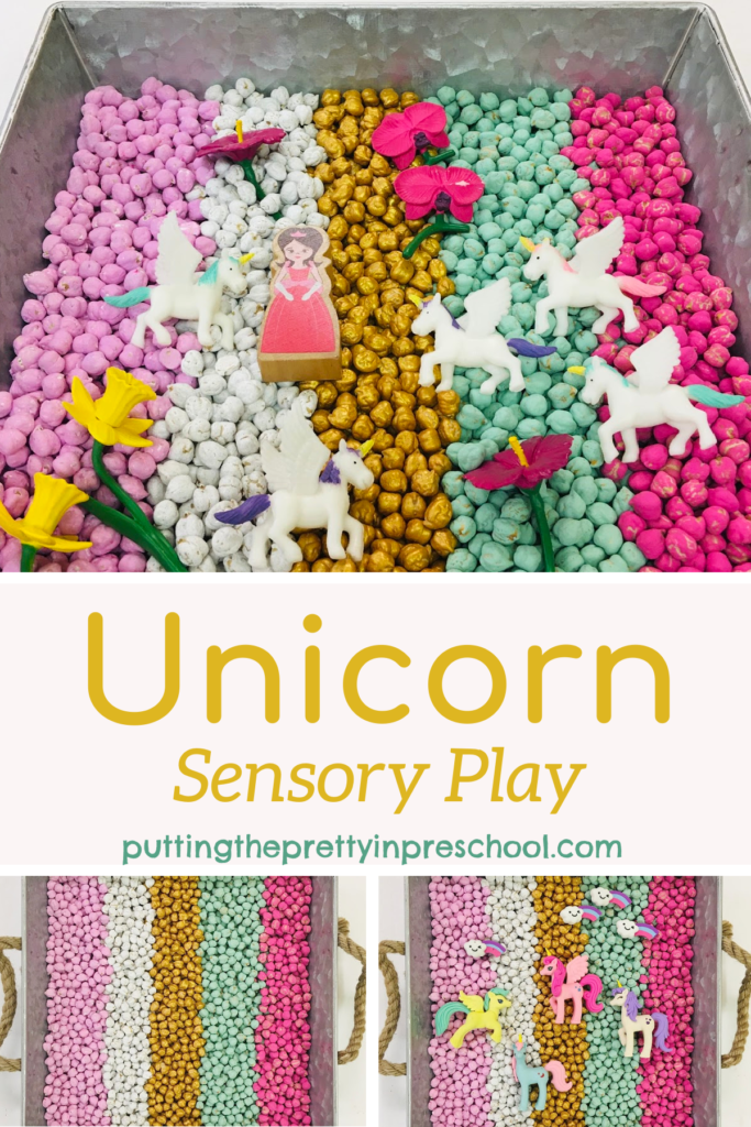 Set up attractive unicorn theme sensory play trays using dyed chickpeas as a base. Use acrylic craft paint for an easy dye process.