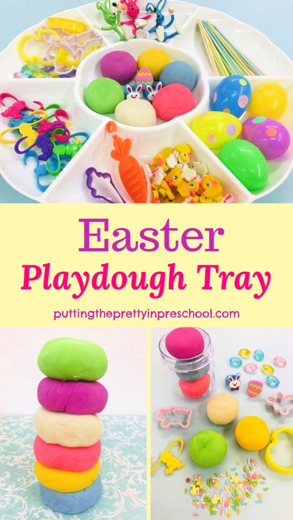 A colorful Easter playdough tray filled with spring-themed loose parts your little learners will love to explore.