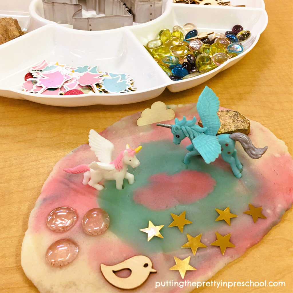 The best playdough recipes are featured in this fun fantasy unicorn playdough invitation.