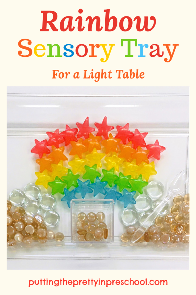 This rainbow sensory tray makes a perfect spring activity. It is designed for a light table but works on a regular one too.