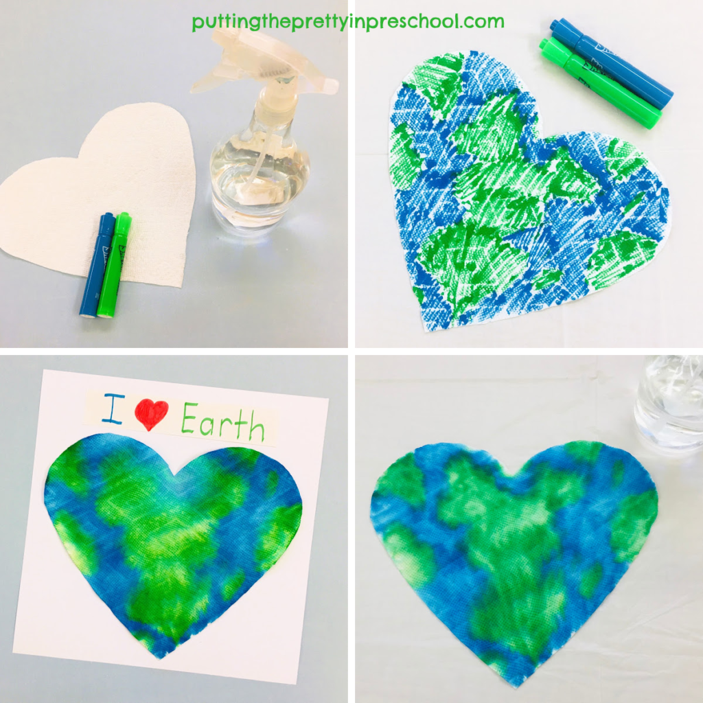 How to make a sprayed marker heart earth art project using paper towel sheets. It's a super fun process art activity that displays beautifully.