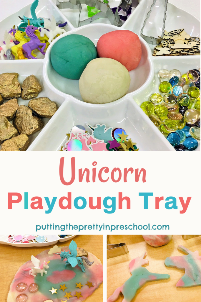 Set up this magical unicorn playdough tray early learners will love. The best homemade playdough recipes are featured.