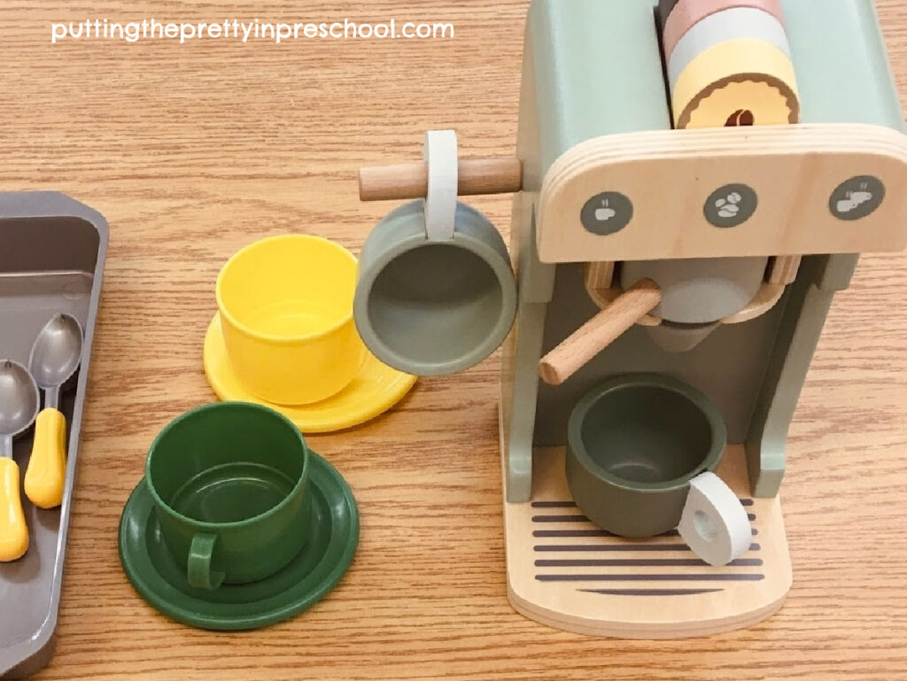 A coffee brewing station is a fun addition to a dessert bar dramatic play center.