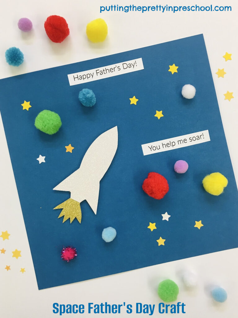 Make this colorful space Father's Day craft for a special person in your life today! Pompom planets are the highlight of the craft.