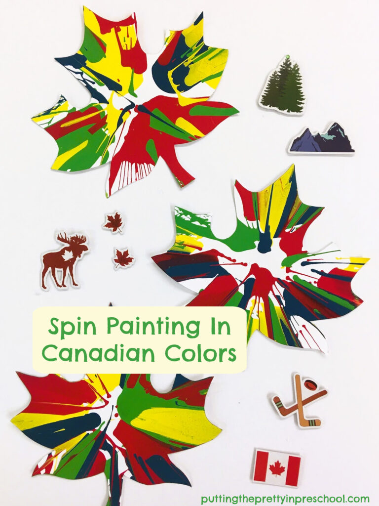 Try this gorgeous spin painting maple leaf process art project today. Using colors featured in Canadian landscapes and decor, it is perfect for Canada Day or any time of the year.