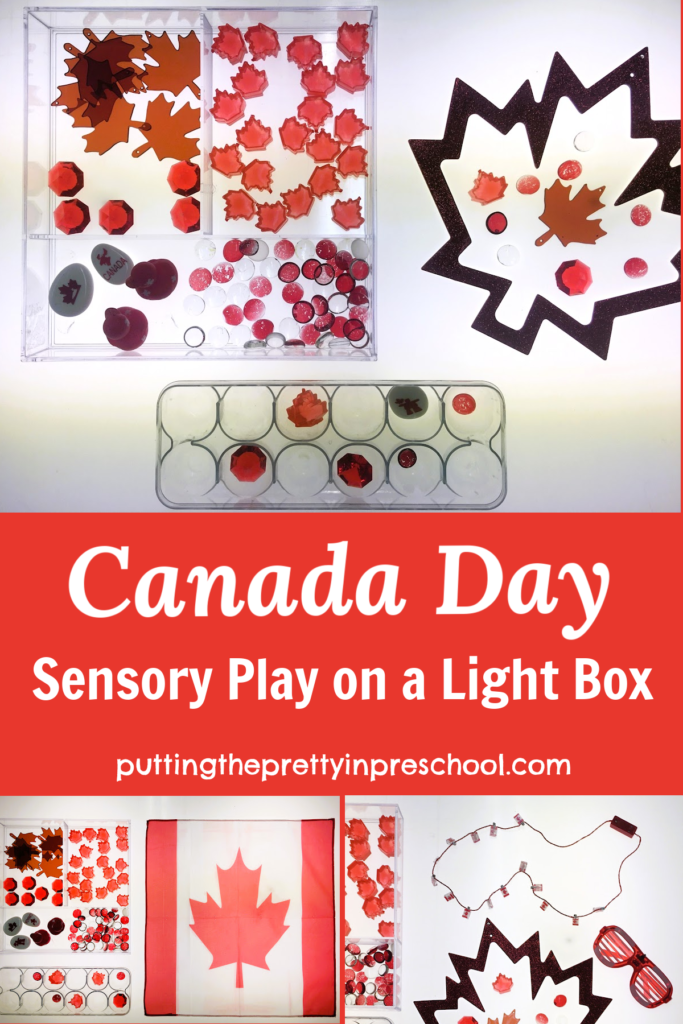 This Canada Day sensory play invitation for a light table or light box is party-ready. Transparent maple leaves and light-u accessories are the highlights!