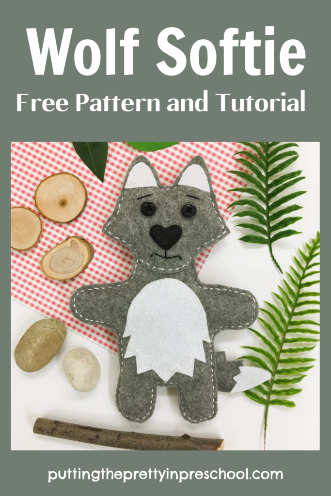 An adorable grey wolf softie sewing project that is easy to do. A free pattern and tutorial, wolf facts, and book suggestions are included.