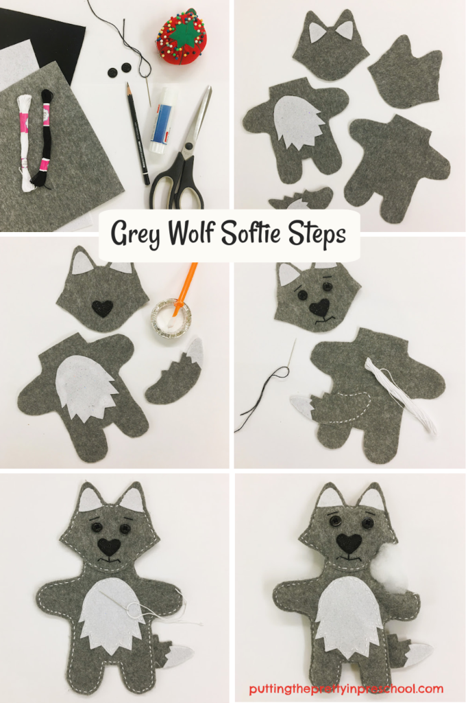 Steps to make an adorable grey wolf softie. A free pattern and tutorial, wolf facts, and book suggestions are included.