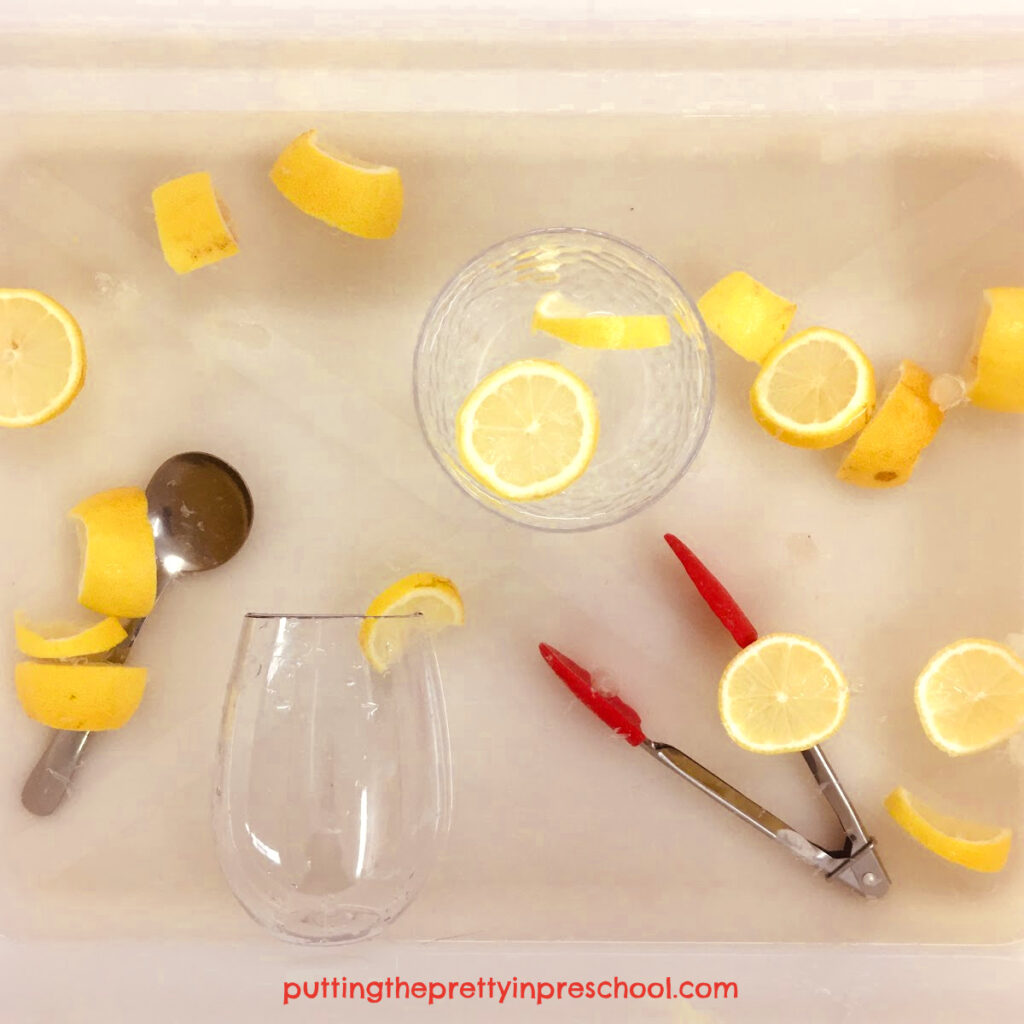 Lemons and lemonade ice cubes are the highlight of this easy-to-put-together taste-safe sensory tray.