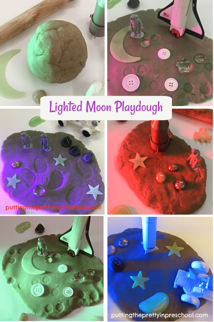 Add colored light to the moon playdough invitation as you discuss the colors the moon shines as it reflects light from the sun.