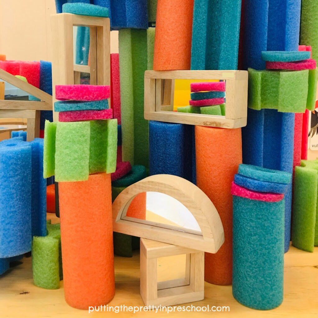 Set out these light, transportable, foam noodle building blocks for your early learners to build with and add to for STEAM fun.
