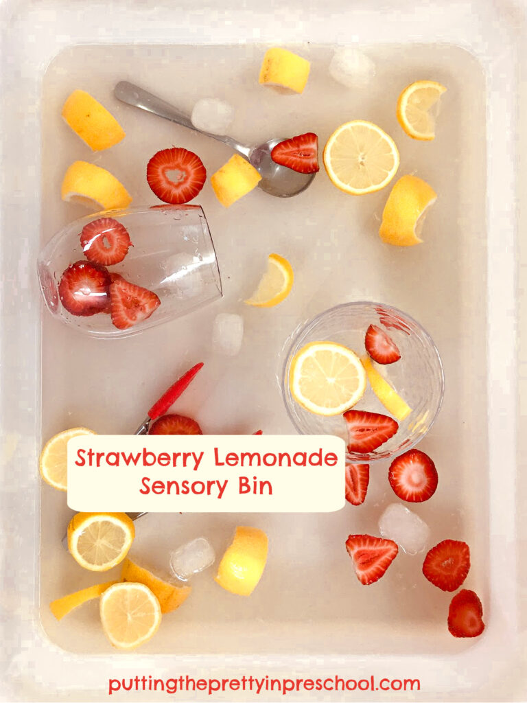 A refreshing, taste-safe strawberry lemonade sensory bin featured three different ways. A perfect sensory activity any time of the year.