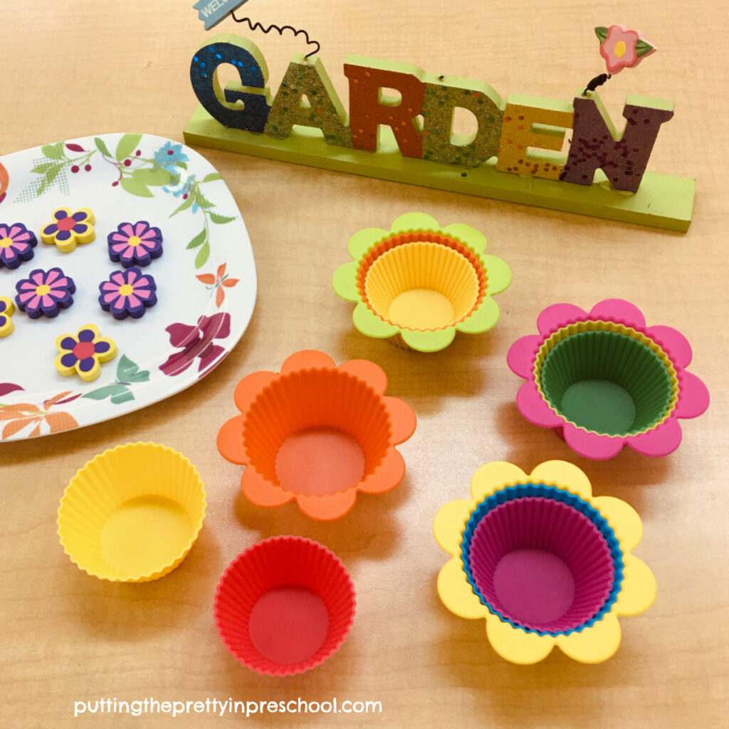 Flower-themed layered baking cups make great mini-puzzles for a flower stand dramatic play center