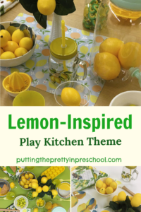 A cheery lemon-inspired play kitchen early learners will love to play in. Lemony decor and loose parts inspire imaginative dramatic play.