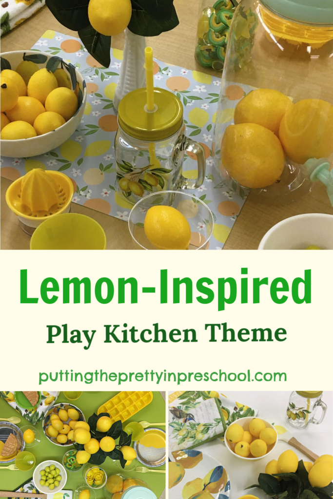 A cheery lemon-inspired play kitchen early learners will love to play in. Lemony decor and loose parts inspire imaginative dramatic play.