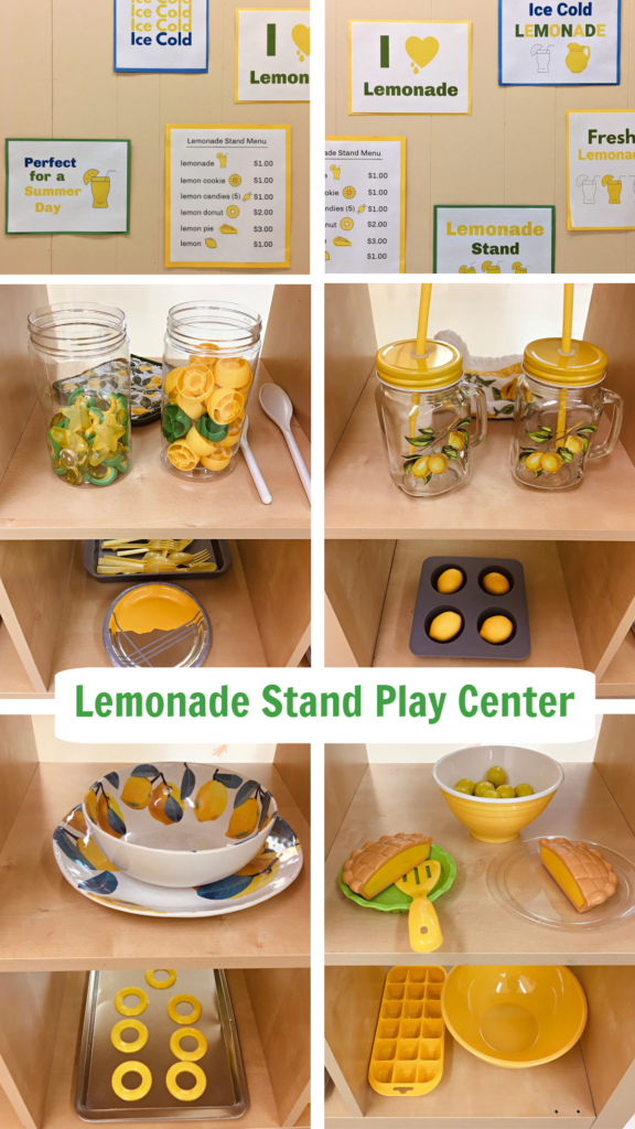 A lemonade stand dramatic play center with much more than lemonade for sale! Loose parts complement the center offerings.