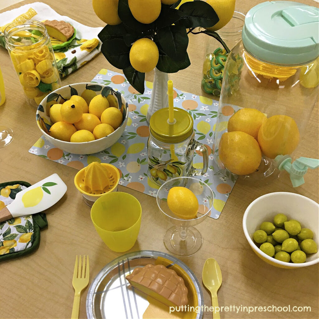 A cheery lemon-inspired play kitchen theme that early learners will love. The lemony decor and loose parts will inspire imaginative dramatic play.