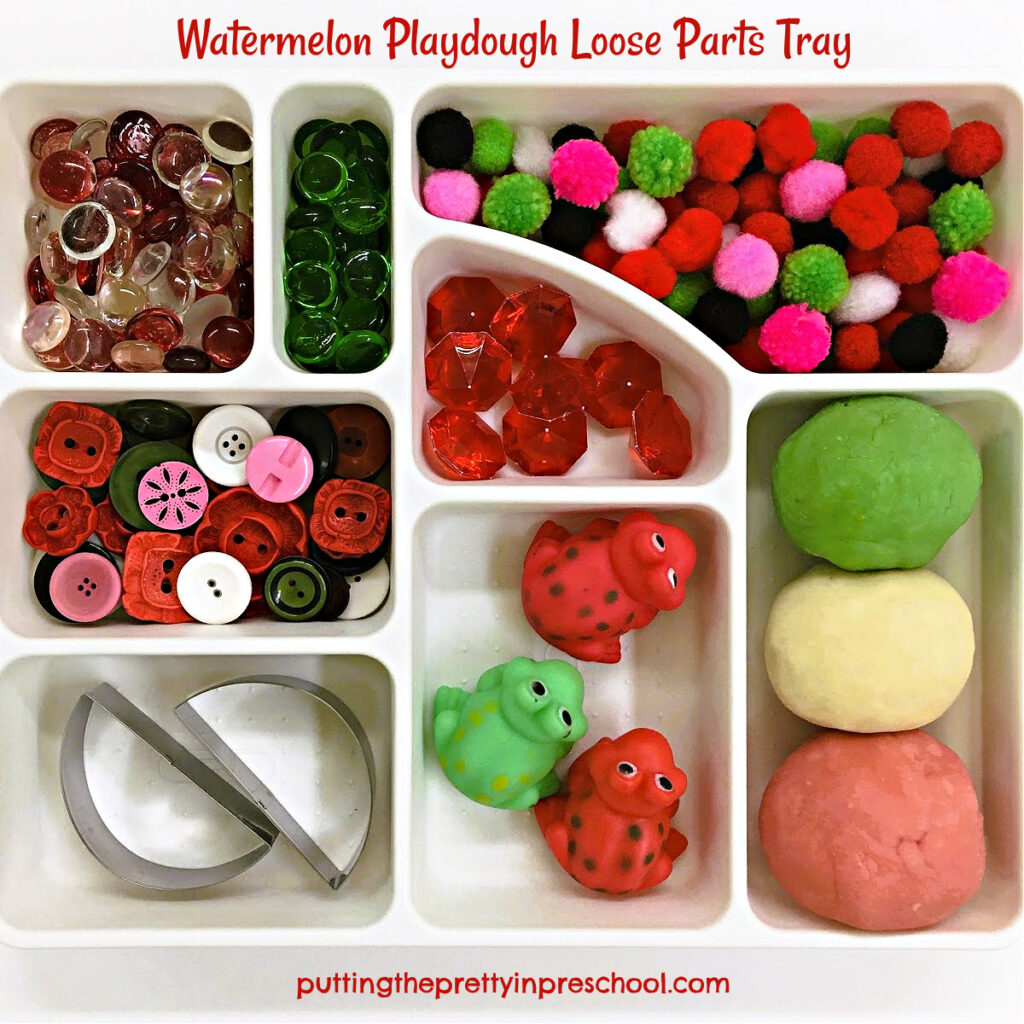Put together this watermelon playdough loose parts tray in minutes. It includes homemade playdough recipes you'll want to try.