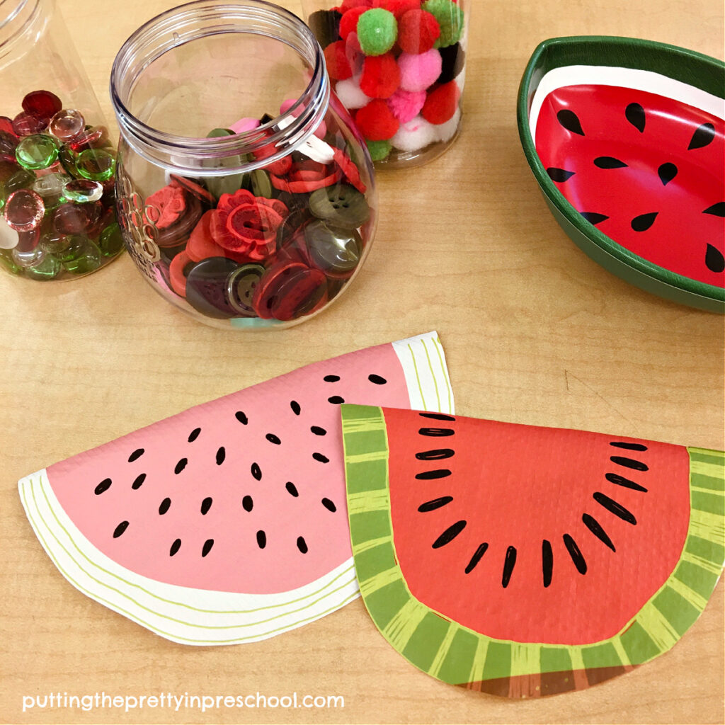 Watermelon slices cut from a reusable bag make excellent play food for a dramatic play center.