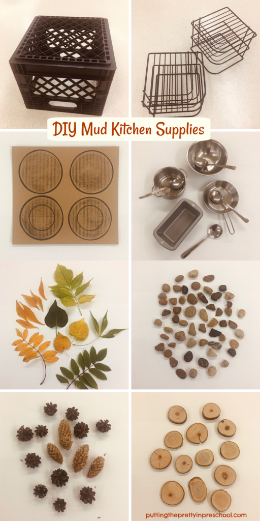 Supplies for a portable mud kitchen that can quickly and easily be set up indoors or outside, Fall leaves are the highlight.