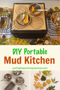 A DIY portable mud kitchen that can quickly and easily be set up indoors or outside, Fall leaves are the highlight.