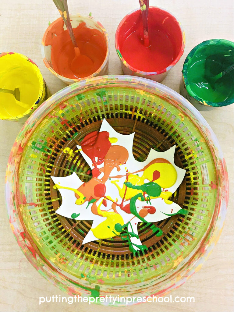 How to make beautiful fall leaves with a salad spinner painting technique. An easy and fun all-ages art project.