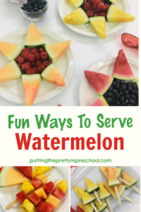 Four ways to serve watermelon that make snack time more fun. Orange, yellow, and traditional red watermelon varieties are featured.
