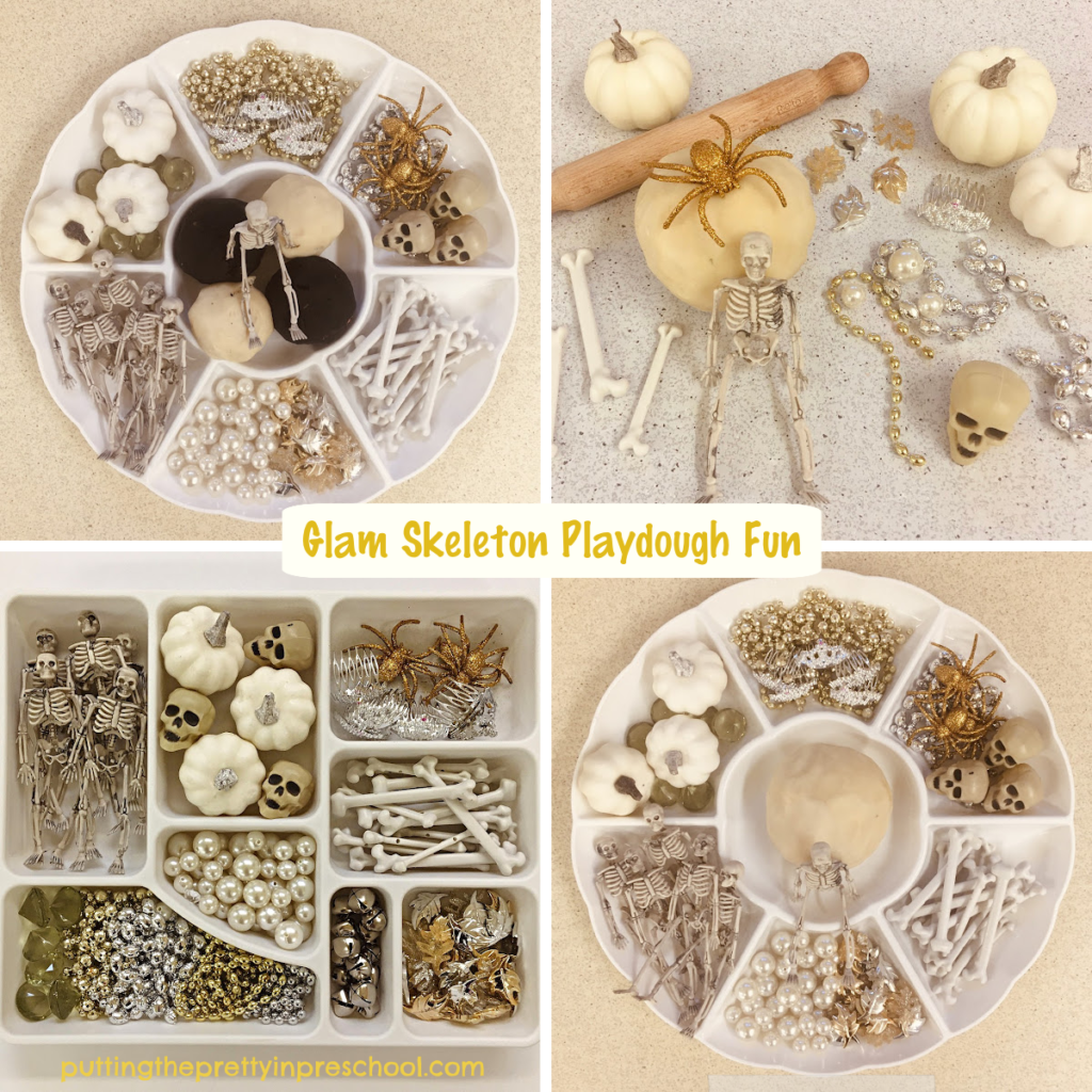 Four different ways to feature skeleton-themed loose parts in sensory play. Black and white playdough recipes are included.