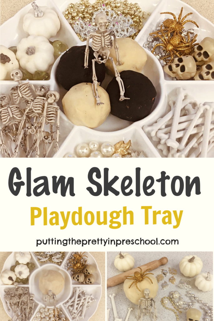 Skulls, bones, and spiders are non-threatening in this glam skeleton playdough tray, ready for early learners to explore.
