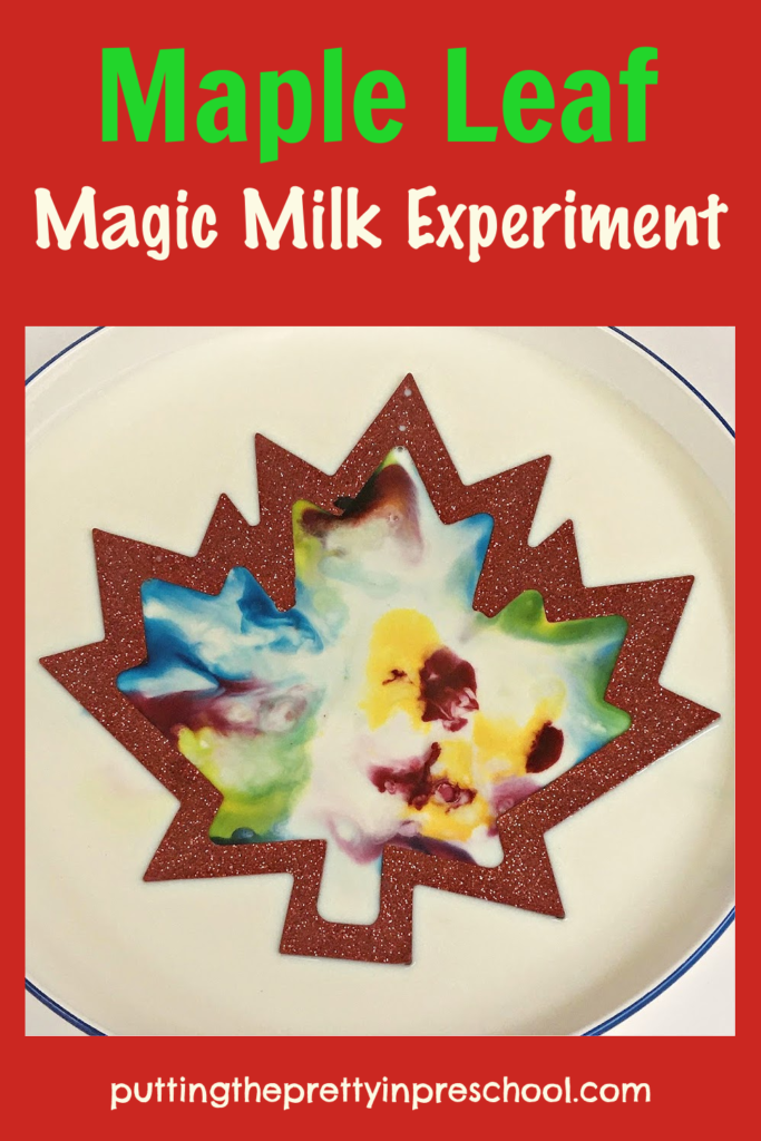 Try this mesmerizing color magic milk experiment today! A maple leaf frame adds an artistic twist to the kitchen science experiment.