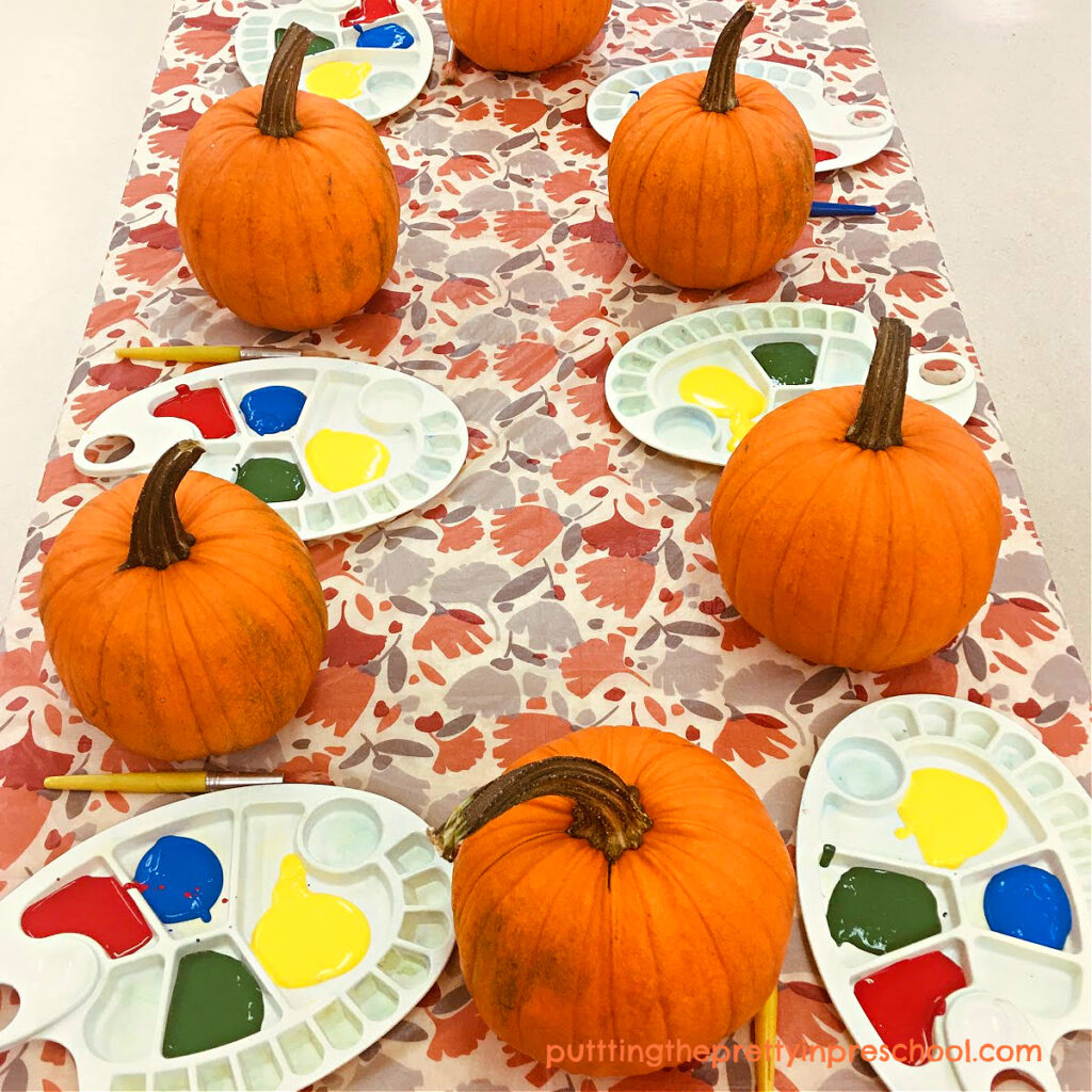 A no-fuss painting invitation with real pumpkins and tempera paint. A process art activity everyone will love.