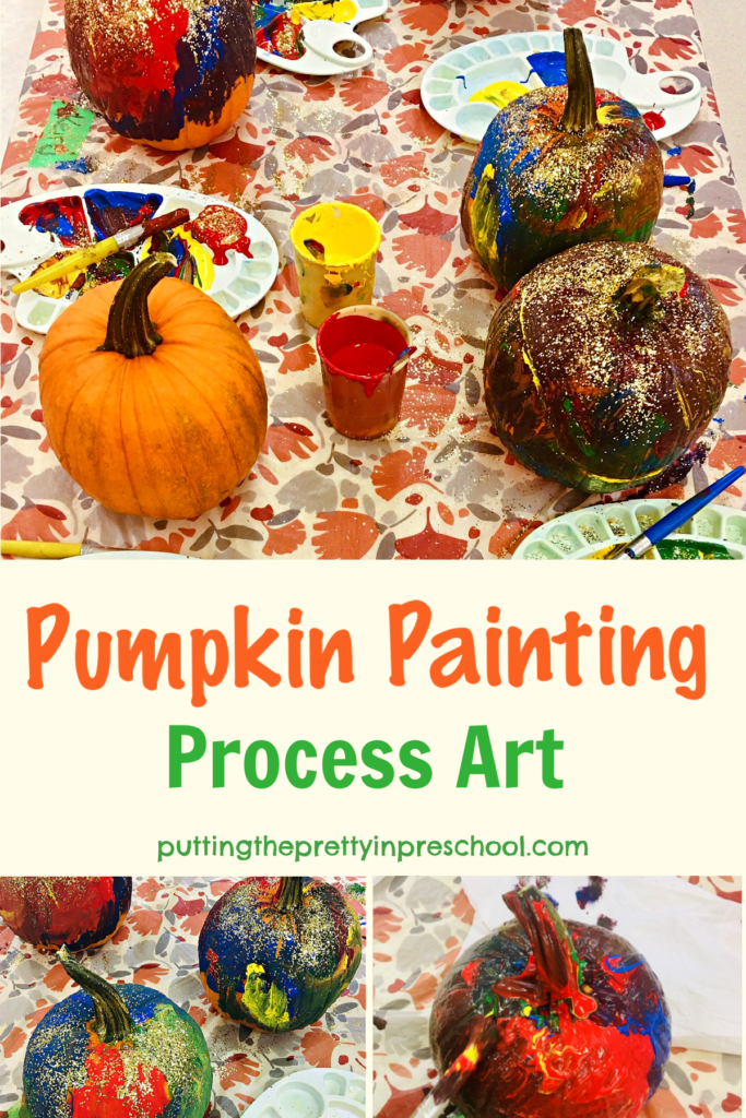 A super fun pumpkin painting process art activity tailor-made for early learners. Gold glitter glams up the pumpkins big time.
