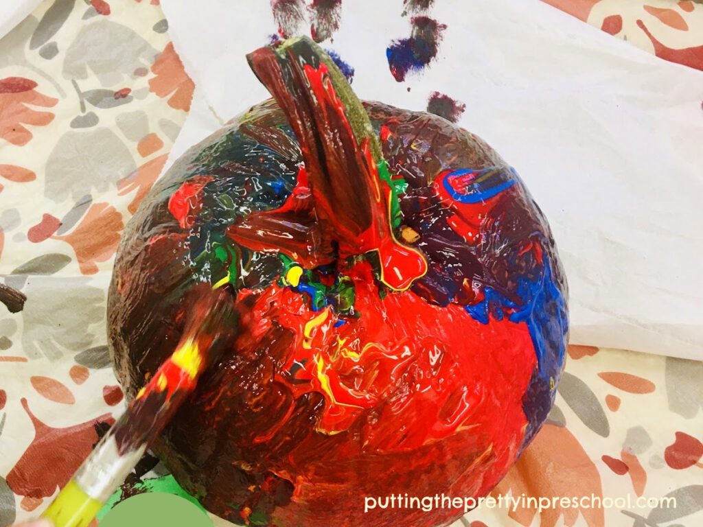 A super fun way to decorate pumpkins with tempera paint. An all-ages art project everyone will love.