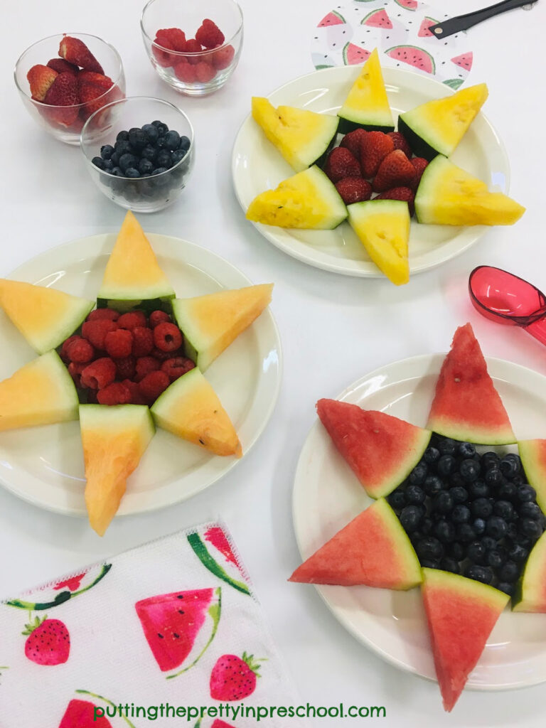 Three colors of watermelon are featured in these juicy suns. Blueberries, strawberries, and raspberries fill in the centers.