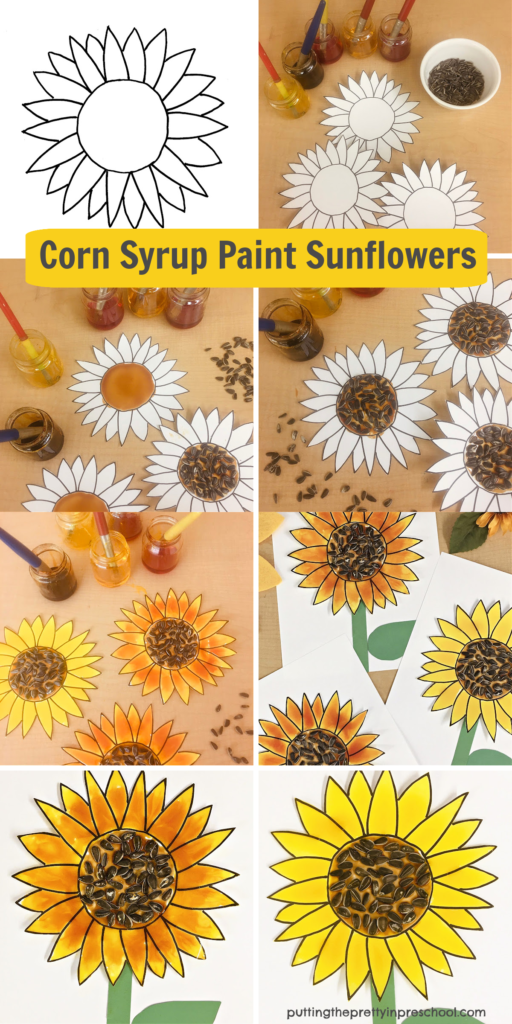 Steps to make glorious, corn syrup paint sunflowers using a taste-safe, homemade, two-ingredient recipe. Download and use the free template for this art project.