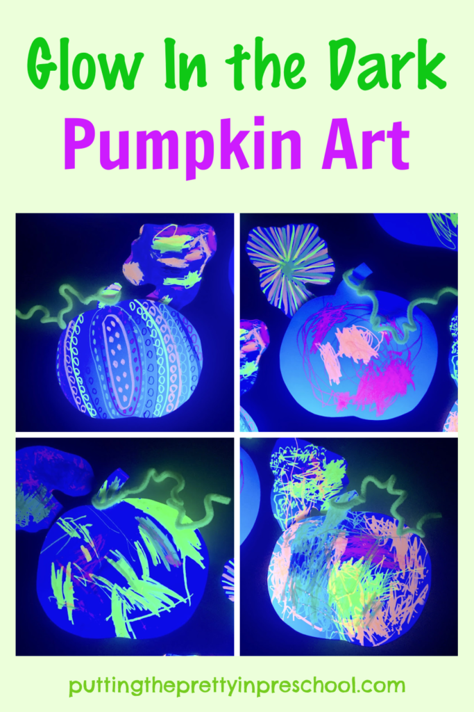 Quick and easy glow-in-the-dark pumpkin art with highlighter markers, paper, and a black light. Free printable to download on the blog.