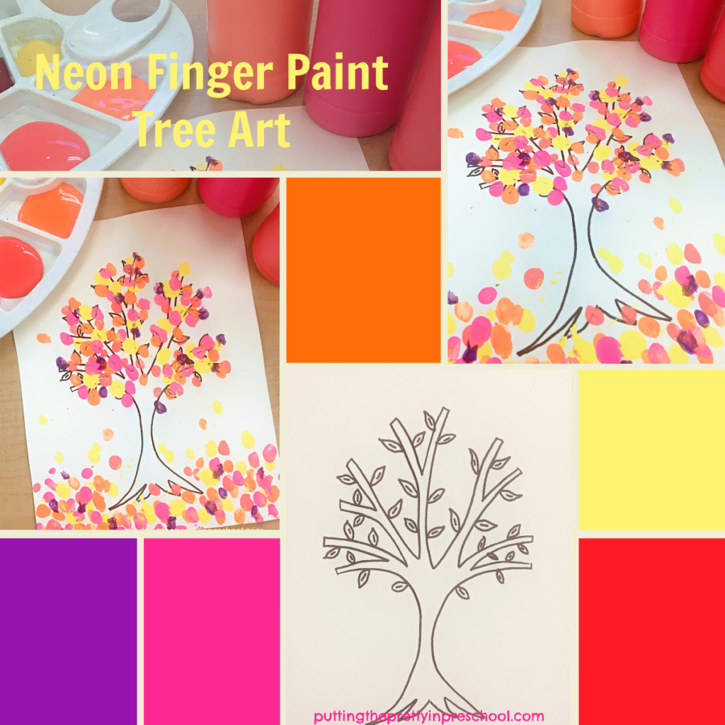 Gorgeous neon finger paint tree art inspired by the picture book "The Tree In Me" by Corinna Luyken. An all-ages, easy-to-do art activity. A free template is included.