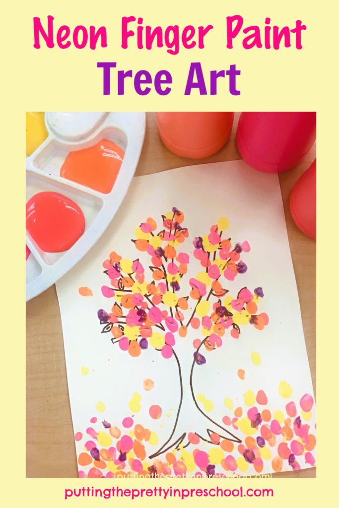 Gorgeous neon finger paint tree art inspired by the picture book "The Tree In Me" by Corinna Luyken. An all-ages, easy-to-do art activity. A free tree template is included.