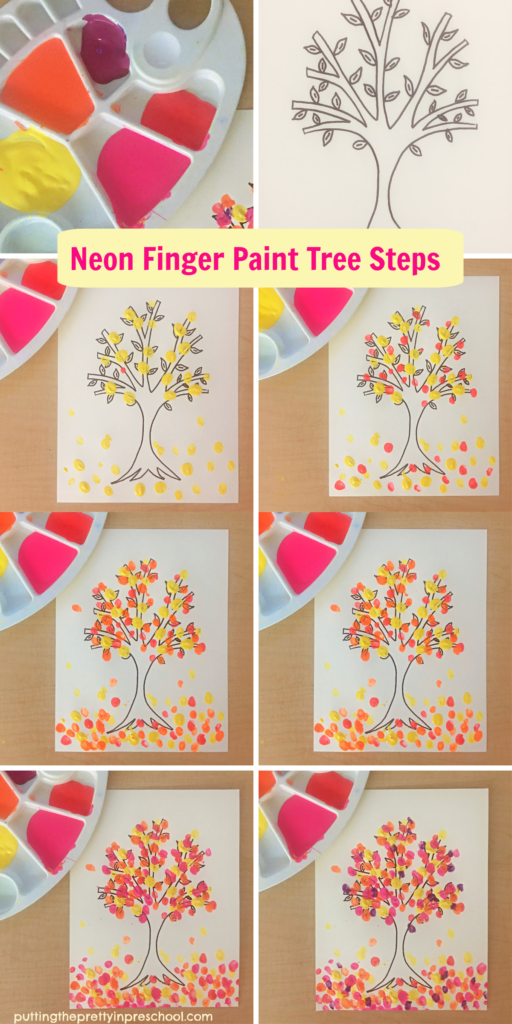 Steps to create beautiful neon finger paint tree art. A picture-book-inspired art project that is easy to do. A free template is included.