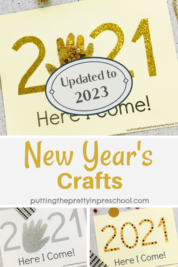 Glitzy, easy-to-make 2023 New Year's keepsake crafts that enhance eye-hand coordination, fine motor control, patterning, and number recognition.