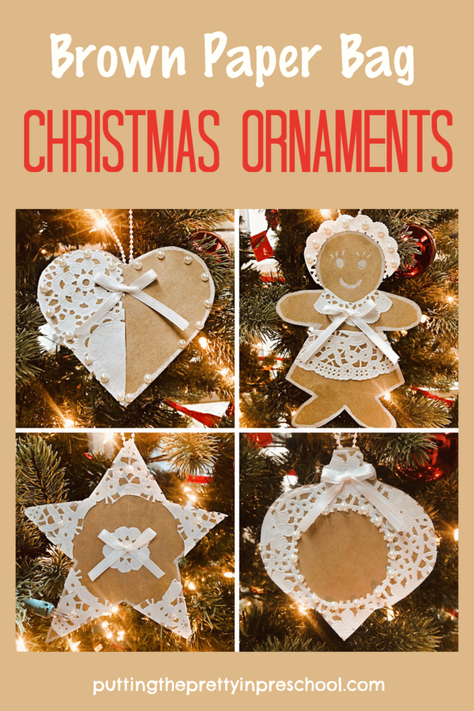 How to make six different brown paper bag Christmas ornaments. An all-ages, beautiful recycled craft. Free templates are included.